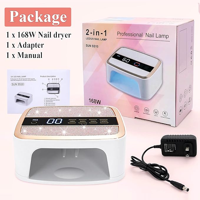 Cordless UV LED Nail Lamp, 168W UV Nail Light for Nail Polish, Portable Nail Dryer, Portable Nail Lamp with 4 Timers and LCD Display, Diamond Professional Nail Lamp for Home Salon Nail Art Tools