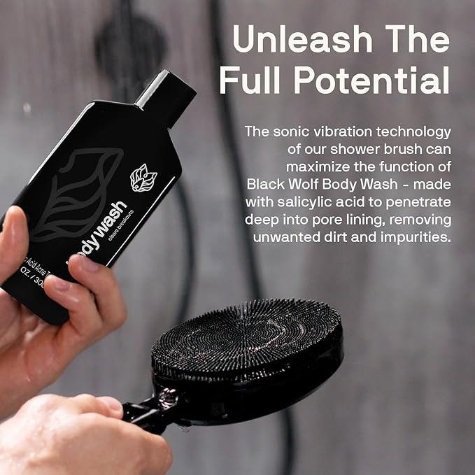 Black Wolf Body Wash & Sonic Scrubber Pro Kit for Men - Vibrating Face & Body Brush with Charcoal Powder Shower Gel, Water Resistant Massage Brush & Salicylic Acid Body Wash, Rich Lather & Deep Clean