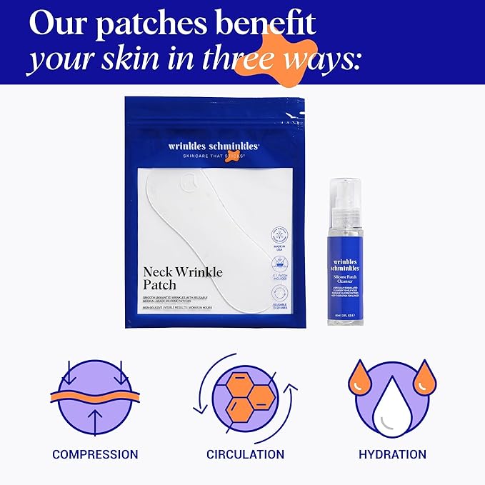 Wrinkles Schminkles Neck Wrinkle Patch, 1-Pack, Reusable Hypoallergenic Silicone Smoothing Pad for Neck Wrinkle Prevention + Patch Cleanser 2 oz, Clean Patches Without Breaking Down The Adhesive
