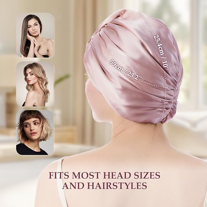 Silk Bonnet for Sleeping Women, 100% Mulberry Silk Sleep Cap with Elastic Band, Real Mulberry on Both Sides, ‌Fuchsia Pink