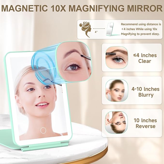 LED Foldable Travel Makeup Mirror - 5x7 inches3 Colors Light Modes USB Rechargeable Touch Screen, Portable Tabletop Cosmetic Mirror for Travel, Cosmetic, Office (Green)