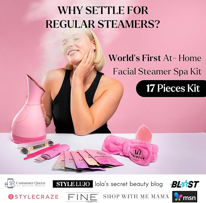 Facial Steamer Spa Kit with Complimentary 17 Skin Care Tools | Face Steamer for Facial Deep Cleaning with Towel Warmer & Humidifier Mode| Self Care Spa Gifts for Women, Mothers Day Gifts for Mom