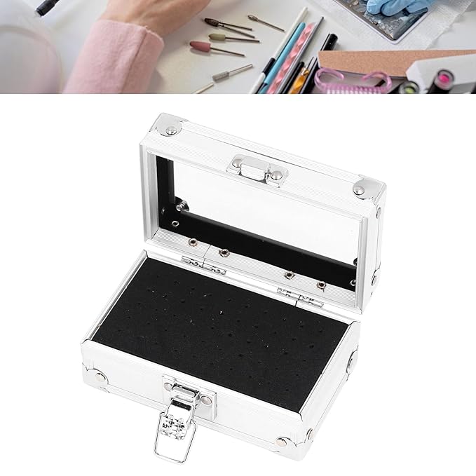 Nail Drill Bit Holder Storage Box, Multi Hole Nail Drill Bits Stand Displayer with Transparent Flip Cover, Nail Bits Organizers Container (Silver)