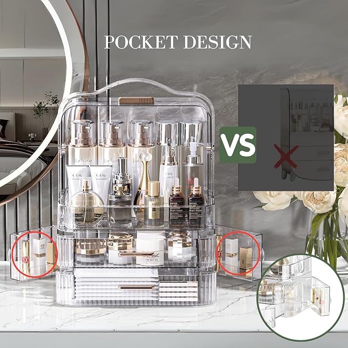 LINFIDITE Cosmetics Storage Box Transparent Lid Large Makeup Organizer Box Drawers Portable Handle Waterproof Dustproof Skincare Display Cases for Countertop, Bathroom, Dresser,Gift Clear