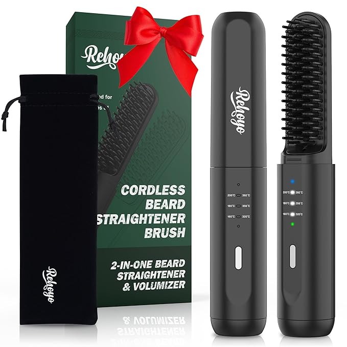 Beard Straightener for Men, Portable Cordless Heated Hair & Beard Straightening Brush with Anti-Scald & Ionic Technology, 3 Temperature Setting Comb For Home Travel