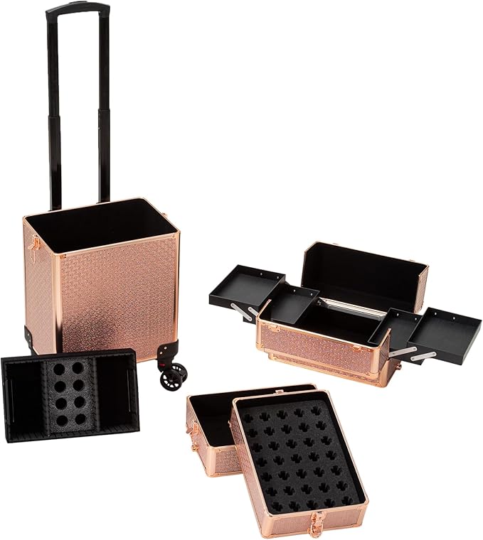 4 in 1 Portable Traveling Aluminum Professional Makeup Trolley Cart with Multiple-Sized Compartments and Wheels (baby's breath gold)