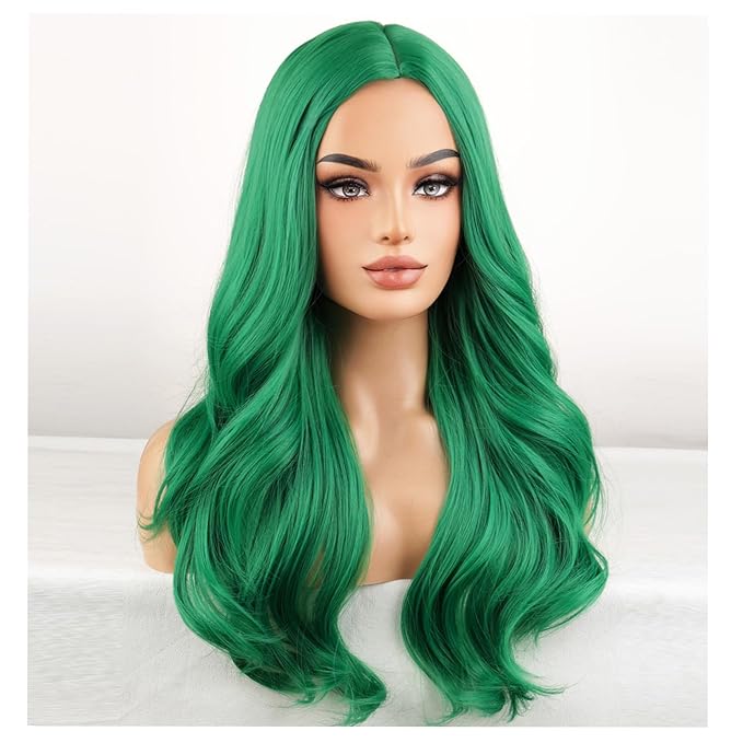 BERON Green Wigs Long Wavy Wig for Women Dark Green Girls Curly Heat Resistant Synthetic Hair Wigs for Daily Use with Wig Cap