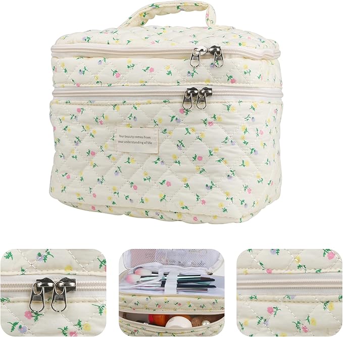 Dual Layer Cute Makeup Bag for Women(3 Pcs), Quilted Floral Coquette Aesthetic Make up Bags, Travel Cosmetic Bags Toiletry Organizer Bag(Hot Pink Flowr)