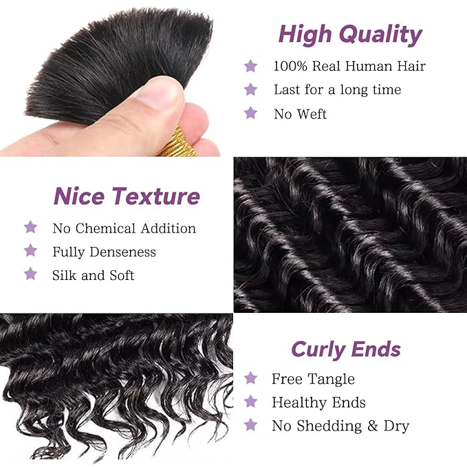 Human Braiding Hair For Boho Braids Deep Water Wave Bulk Human Hair for Braiding 12A Wet and Wavy Curly 100% Human Hair Extensions 3 Bundles 110g Natural Color 16inch