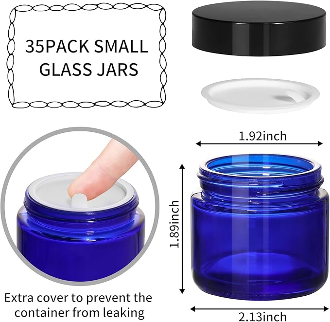 KEYWING 2oz Small Glass Jars with Black Lids, 35 Pack Blue Round Glass Cosmetic Jars with Inner Liners for Cream, Lotions, Powders and Ointments