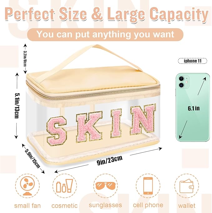 Chenille Letter Clear Makeup Bags Skin Pouch, Preppy Patch Makeup Bag Zipper with Handle, Transparent PVC & Nylon Waterproof Glitter Cosmetic Handbag Travel Toiletry Storage for Women Girl(SKIN-Beige)