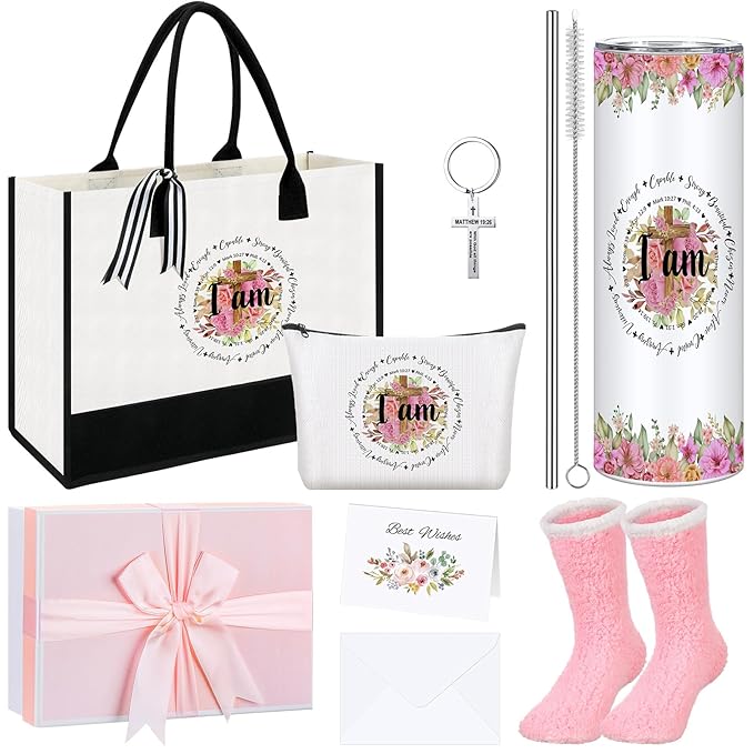 Paterr 7 Pcs Christian Gift for Women Include 20 oz Stainless Steel Tumbler Inspirational Religious Tote Bag Makeup Bag Socks Keychain Thank You Card Christian Birthday Gifts for Women(I Am)