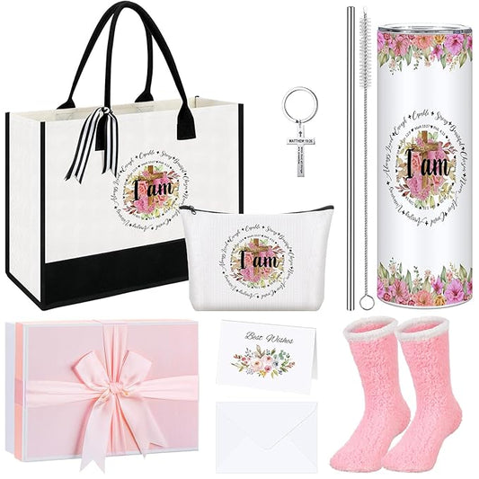 Paterr 7 Pcs Christian Gift for Women Include 20 oz Stainless Steel Tumbler Inspirational Religious Tote Bag Makeup Bag Socks Keychain Thank You Card Christian Birthday Gifts for Women(I Am)