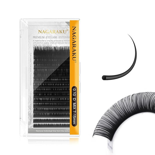 NAGARAKU Eyelash Extensions Individual Lashes 0.10mm D curl 7-15mm Mix Tray Classic Matte Black Soft Natural Faux Mink 16 rows
