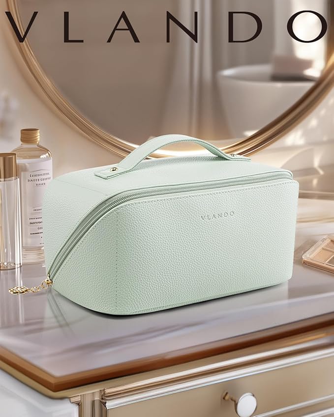 Vlando Makeup Bag,Travel Makeup Bag Waterproof Portable Cosmetic Bag PU Leather Open Flat Make up Organizer for Toiletries,Makeup Brushes Bag Gifts for Teen Girls Women(Mint Green)