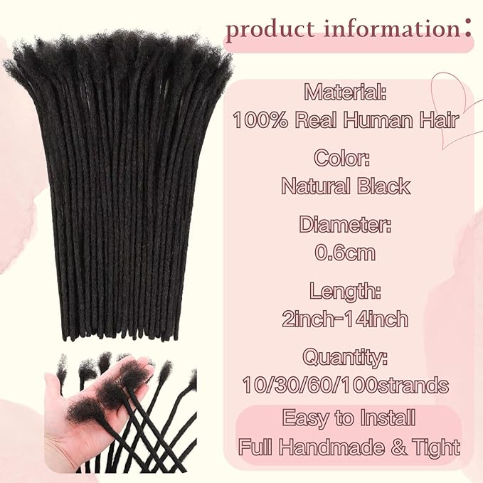 4 Inch Loc Extensions Human Hair 0.6cm Thickness 10 Strands 100% Full Handmade Permanent Dreadlock Extensions Real Human Hair For Women Men Kids Can Be Dyed Bleached Curled (Width 0.6cm Natual Black)