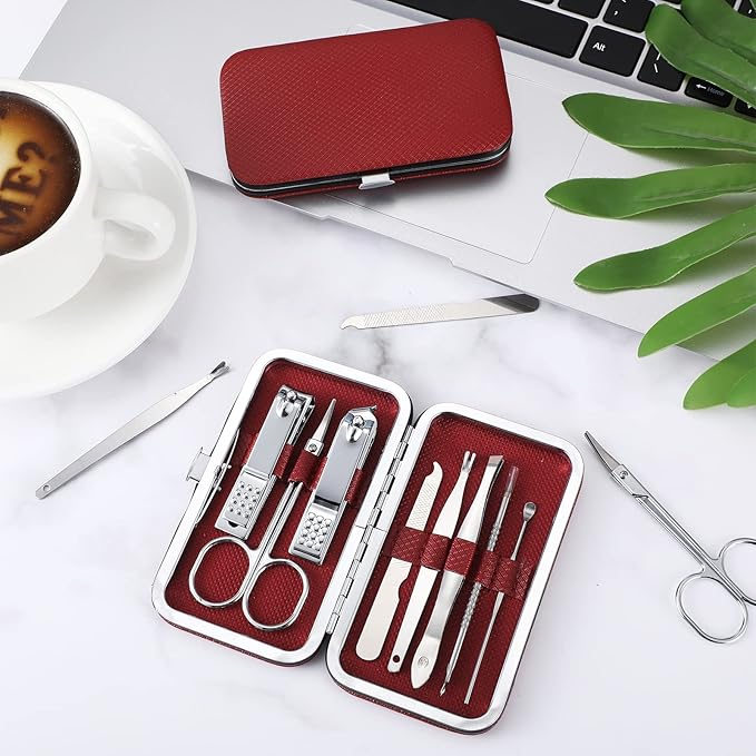 Geosar 12 Sets Manicure Set Nail Clippers Pedicure Kit 8 in 1 Stainless Steel Professional Grooming Kits Nail Care Tools with Travel Case for Men Women(Wine Red)