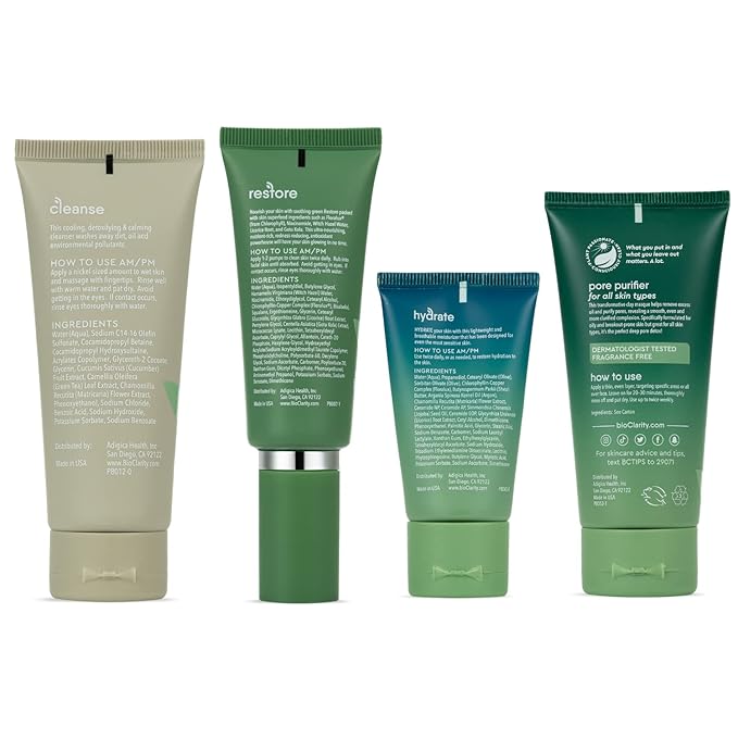 BioClarity 3-Step Essentials Skin Care Routine with Clarifying Mask for Normal and Oily Skin Types | Cleanse, Restore, Moisturize, Hydrate | 100% Clean Vegan Ingredients | Mini Size