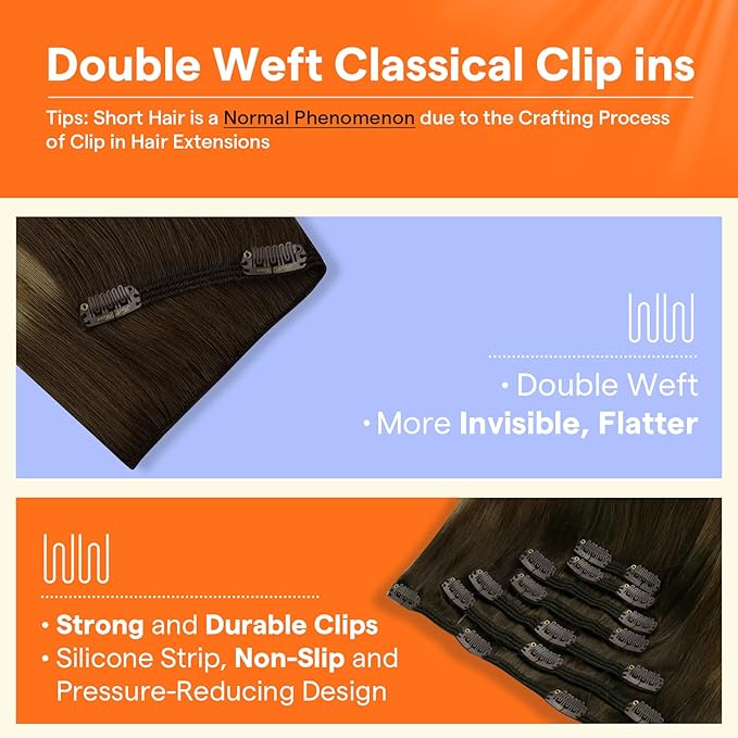 Full Shine Human Hair Clip in Extensions Balayage Dark Brown Human Hair Extensions Clip ins for Women Balayage Brown to Caramel Blonde 20 Inch 7 Pcs 120 G