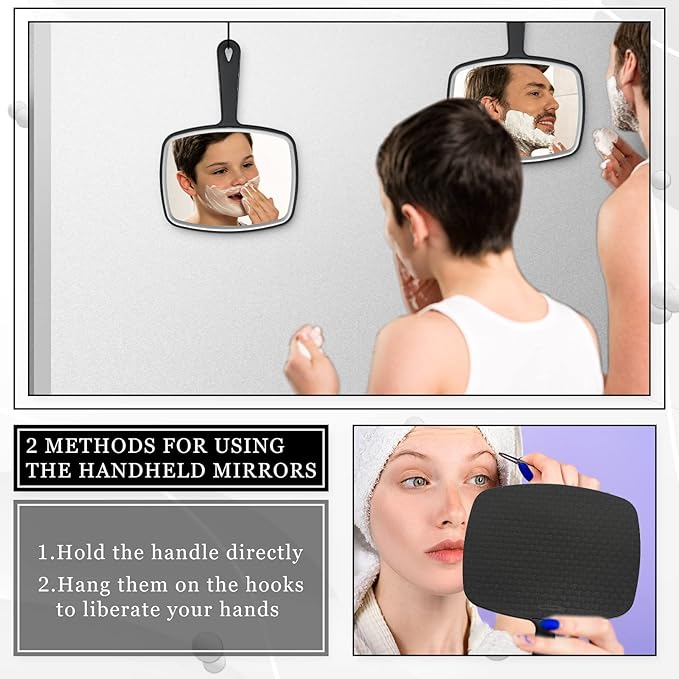 Qunclay 10 Pcs Large Hand Mirror Handheld Mirror with Handle Multi Purpose Barber Mirror with Distortion Free Reflection for Vanity Makeup Salon Travel Use (Black, 7.3'' W x 10.3'' L)