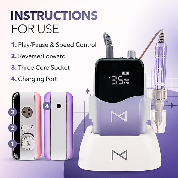 M Mase- Professional Nail Drill Machine - 2-in-1 Nail File - Cordless, 35000 RPM, HD Display - Gift for Her - Electric Nail Drill for Professional & Home Use (Violet)