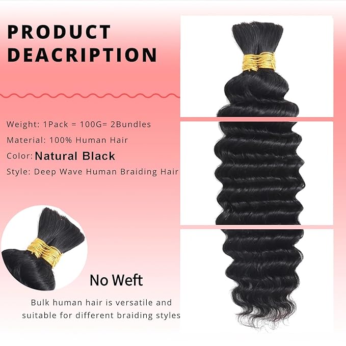 Human Braiding Hair for Boho Braids 100g 18 Inch Deep Wave Bulk Human Hair for Braiding 12A No Weft Curly Human Hair Extensions Wet and Wavy Boho Hair for Braiding 2 Bundles/Pack Natural Color