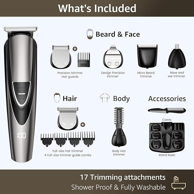 Beard Trimmer for Men, 17-Pc Set Rechargeable Hair Clippers Kit with Safety Lock,Mens Grooming Kit for Hair Beard Body & Nose,Gifts for Men
