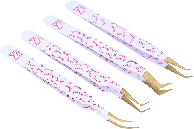 M LASH Tweezers for Eyelash Extensions (Set of 4) - Professional Lash Extension Tweezers - Fiber Tip, Japanese Steel, Diamond Grip Eyelash Extension Tweezer (F-SET)