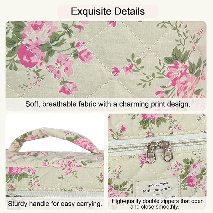 3Pcs Cotton Quilted Makeup Bag for Women Girls, Large Floral Cosmetic Bag Set Cute Makeup Brushes Aesthetic Accessories Storage Bag Pink Flower Travel Toiletry Bag Organizer