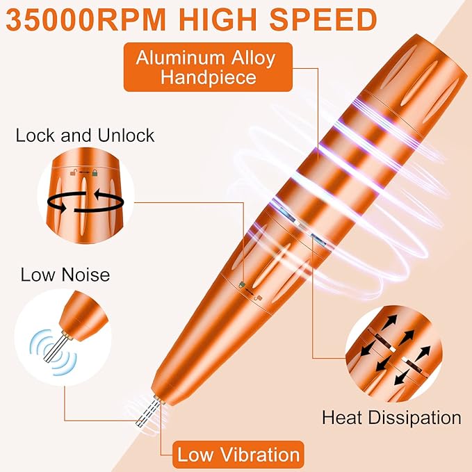Electric Nail Drill, Urbuti 35000RPM Professional Nail Drill Machine, Portable Rechargeable File Machine Set for Acrylic Gel Nails, Manicure Pedicure Tools for Home and Salon Use(Orange)