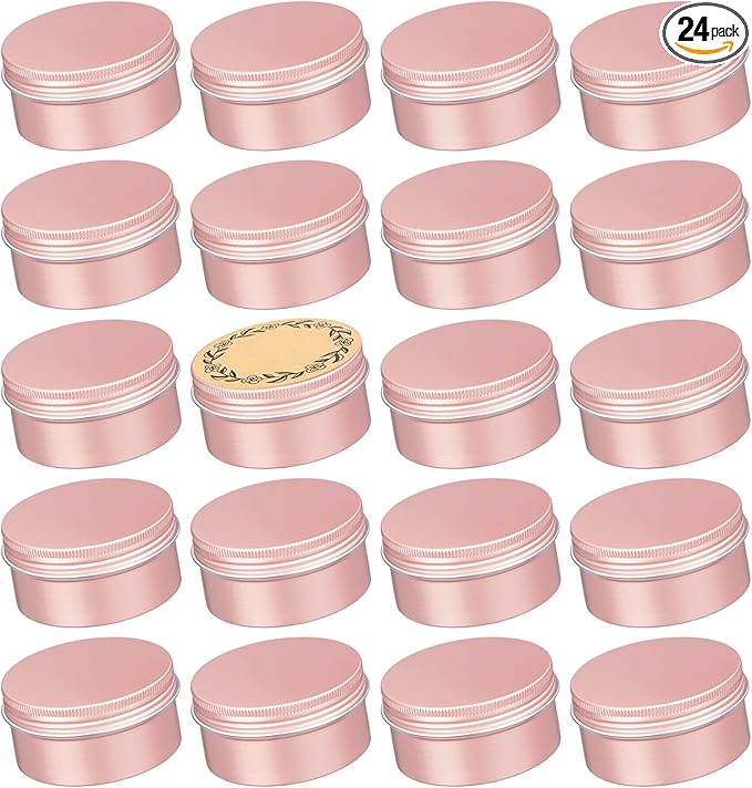 24 Pack 4oz/120ml Screw Top Aluminum Tin Jars with Screw Lids and Blank Labels - Refillable 120ml Metal Containers for Lip Balms, Candles, Salves, Spices, Crafts(Rose Gold)