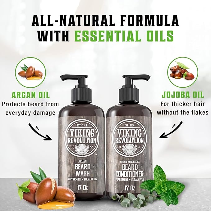 Viking Revolution Beard Wash & Conditioner Set w/Argan & Jojoba Oils – Softens, Smooths & Strengthens Beard Growth - Natural Peppermint and Eucalyptus Scent - Shampoo (17 oz)
