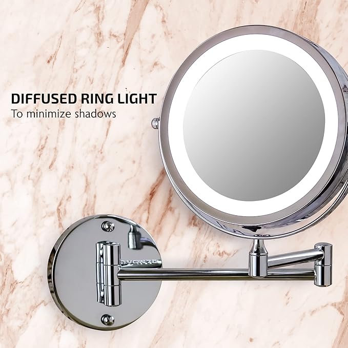 OVENTE 7" Lighted Wall Mount Makeup Mirror with 1X/7X Magnification, Cordless Double Sided Magnifying Round Vanity Mirror, 360° Swivel Design, Extendable and Folding Arm, Polished Chrome MFW70CH1X7X