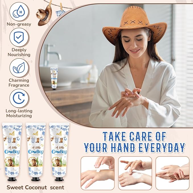 48 Sets Baby Shower Hand Cream Bulk Cowboy Baby Shower Favors Bridal Thank You Hand Cream for Guests Travel Size Lotion with Organza Bags