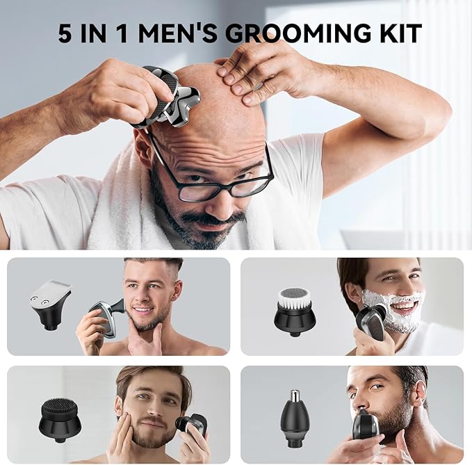 Head Shavers for Bald Men, MAXGROOM 5 in 1 Waterproof Head Razor for Men with LED Display, Travel Pouch, USB Rechargeable & Magnetic Detachable, Silver
