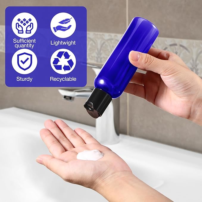 50 Pcs 4oz Empty Plastic Travel Bottles with Disc Top Flip Cap Small Travel Size Bottles Blue Refillable Empty Containers for Shampoo Lotion Liquid Body Soap Cream Toiletries