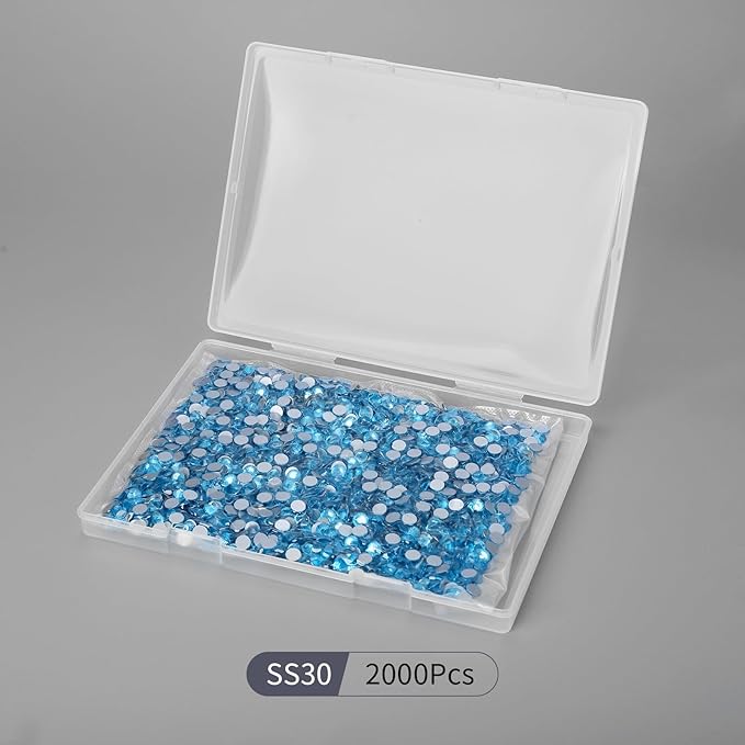 2000PCS Aquamarine Rhinestones Bulk, Flat Back Crystal Glass Stone Round Gems,SS30, 6.4-6.6mm