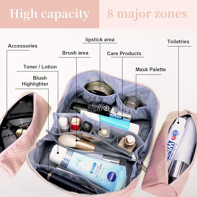 BOYATU Travel Makeup Bags for Women: Large Cosmetic Bag Waterproof - Vegan Leather Make up Bag Set of 3 - Compact Toiletry Organizer with Compartments & Handle & Divider (L01 Light Pink)