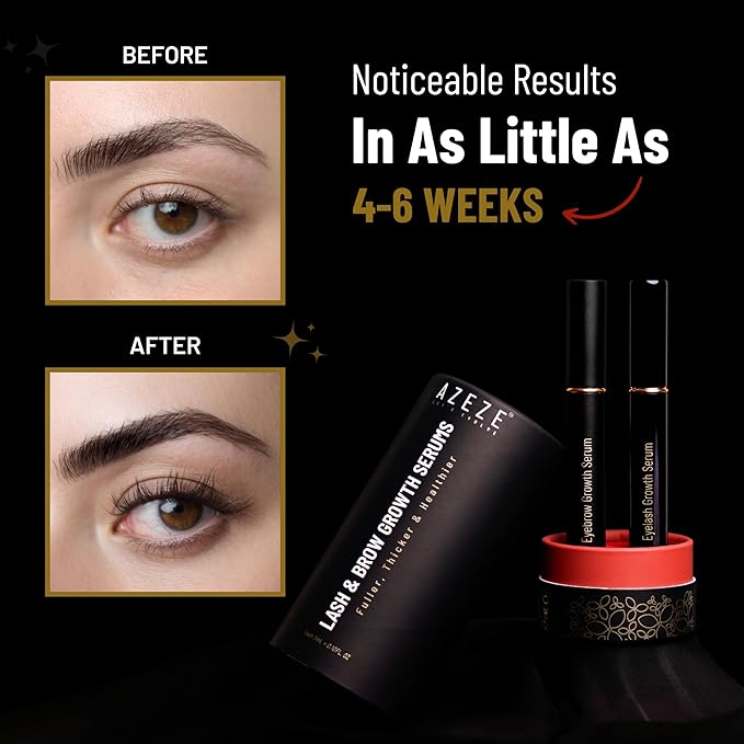Azeze Eyelash and Eyebrow Growth Serum Set - Oil-Free, Hormone-Free Brow and Lash Serum for Eyelash & Eyebrow Growth and Thickness