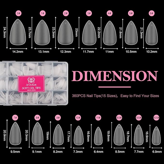 Almond Nail Tips, 360pcs Clear Acrylic Nail Extension Set in 15 Sizes, Matte Medium Almond Full Cover Press on False Nail Tips for DIY Nail Art, Spring Summer DIY Salon Gift