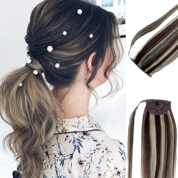 Ponytail Extension Human Hair Brown to Blonde Highlights Pony Tail Hair Pieces Clip in Wrap Around Pony Remy Hair Extensions for Women 20 Inch 80G #2P16