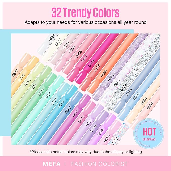 MEFA 32 Colors Gel Nail Polish Kit with U V Light, Spring Gel Nail Kit Pastel Pink Blue Glitter Gel Nail Polish Set Manicure Tool Nail Art Decorations Gift