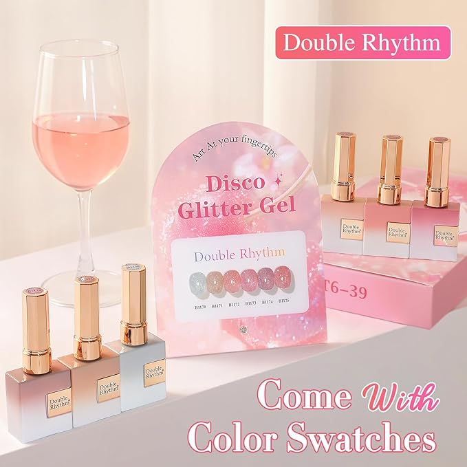 Double Rhythm 0.5 Oz Glitter Gel Polish Set of 6 Color with Display Board 15 ml Full Size Kit Shimmer Reflective Sparkle Soak Off Manicure Salon DIY at Home (Silver Nude Rose Coral Pink-T6-39)