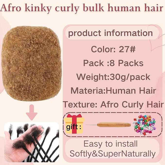 Afro Kinkys Bulk Human Hair for Dreadlock Extensions,Repair Locs, Twists and Braids, 240 Gram Each Package Afro Kinky Bulk 100% Human Hair for Locs (honey Blond, 8inch)