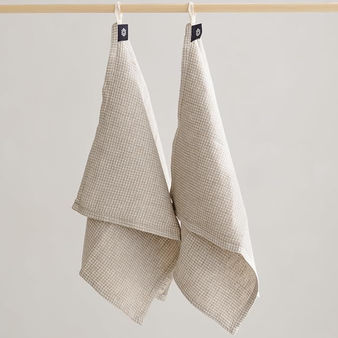 Linen Kitchen Towels - Waffle Towels 16x28-inch - Linen Hand Towels for Bathroom - Set of 2 Dish Towel White-Natural Lightweight Stonewashed Quick-Dry