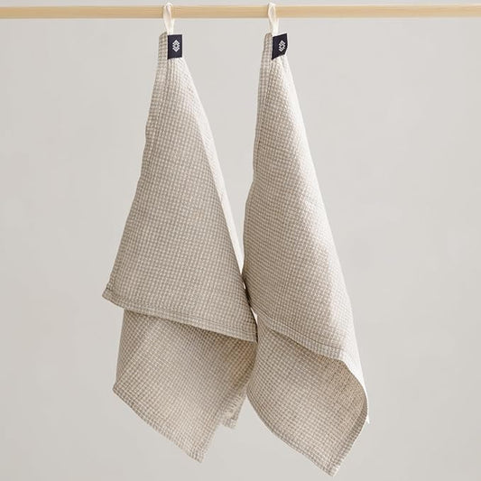Linen Kitchen Towels - Waffle Towels 16x28-inch - Linen Hand Towels for Bathroom - Set of 2 Dish Towel White-Natural Lightweight Stonewashed Quick-Dry