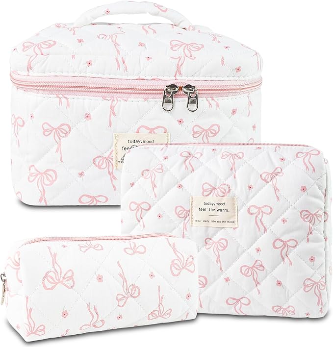 3Pcs Quilted Makeup Bag, Cute Floral Cotton Cosmetic Bag set, Coquette Bow Makeup Pouch Large Travel Toiletry Bag