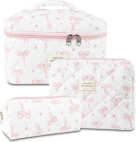 3Pcs Quilted Makeup Bag, Cute Floral Cotton Cosmetic Bag set, Coquette Bow Makeup Pouch Large Travel Toiletry Bag