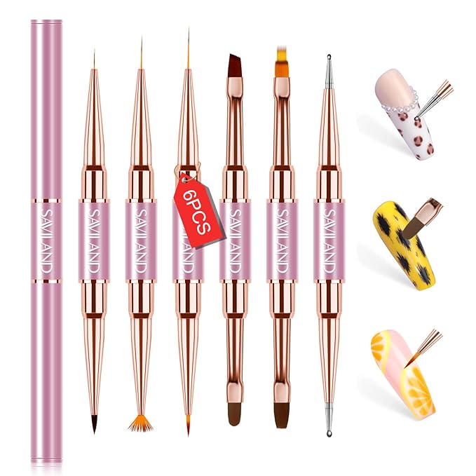 Saviland 6Pcs Nail Art Brushes with Cap – 12 Nail Design Brushes for Nail Art Double-End Gel Nail Brush Multifunctional Nail Brush Nail Art Liner Brush Dotting Tools for Home Manicure, Christmas Gifts