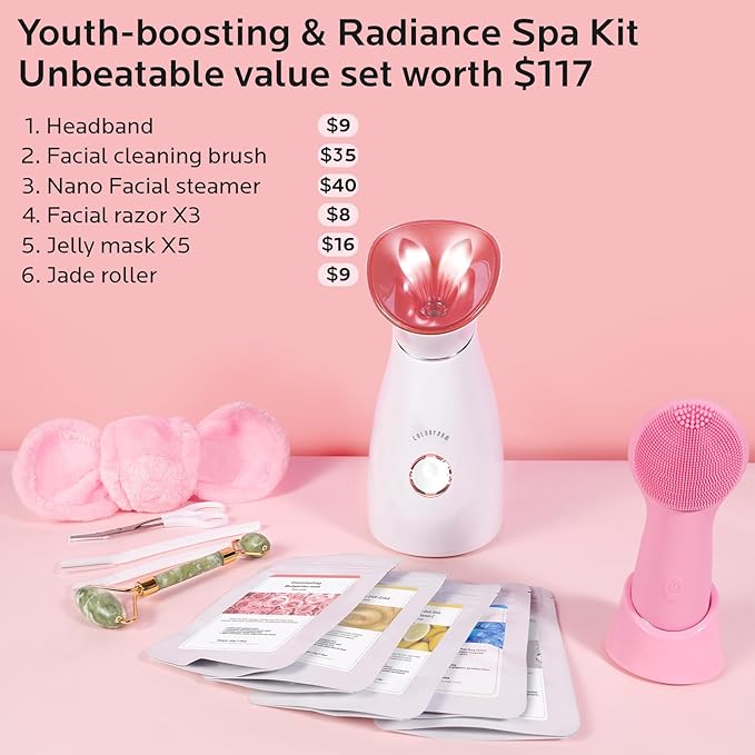 Colorfarm Facial Steamer Skin Care Set: Face Steamer Home Spa Kit Deep Cleaning Unclogs Pores with 5 Skin Care Tools - Spa Relaxing Self Care Gifts for Women (Youth-Boosting & Radiance Spa Kit)